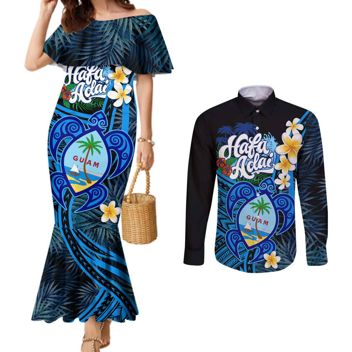 Hafa Adai Guam Couples Matching Mermaid Dress and Long Sleeve Button Shirt Guahan Sea Turtle Tropical Style LT14 Blue - Polynesian Pride