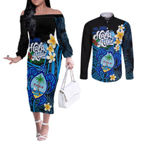 Hafa Adai Guam Couples Matching Off The Shoulder Long Sleeve Dress and Long Sleeve Button Shirt Guahan Sea Turtle Tropical Style LT14 Blue - Polynesian Pride
