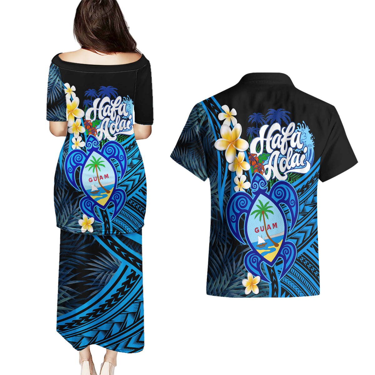 Hafa Adai Guam Couples Matching Puletasi Dress and Hawaiian Shirt Guahan Sea Turtle Tropical Style LT14 - Polynesian Pride