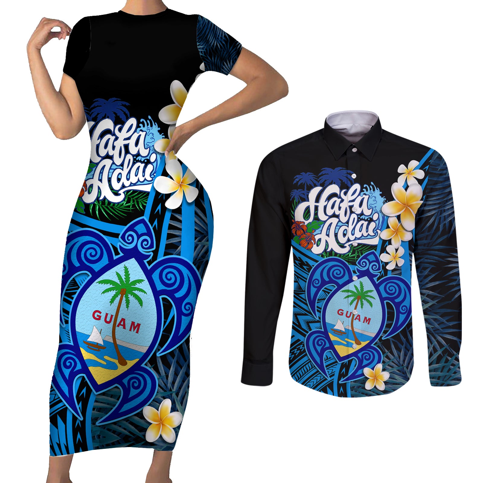 Hafa Adai Guam Couples Matching Short Sleeve Bodycon Dress and Long Sleeve Button Shirt Guahan Sea Turtle Tropical Style LT14 Blue - Polynesian Pride