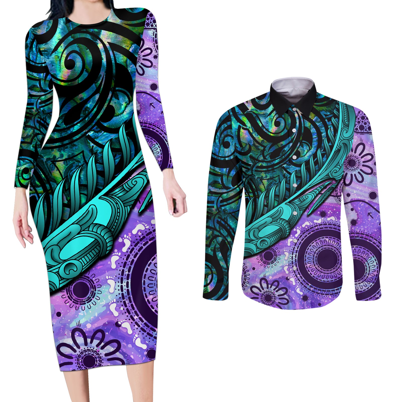 New Zealand Paua Shell With Australia Opal Unique Combine Couples Matching Long Sleeve Bodycon Dress and Long Sleeve Button Shirt LT14 Green - Polynesian Pride