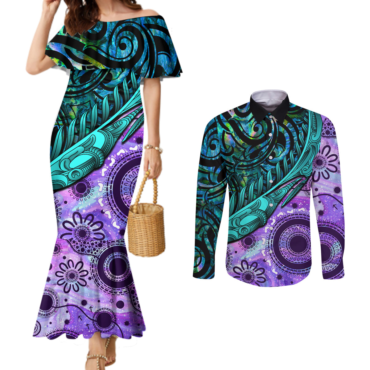 New Zealand Paua Shell With Australia Opal Unique Combine Couples Matching Mermaid Dress and Long Sleeve Button Shirt LT14 Green - Polynesian Pride
