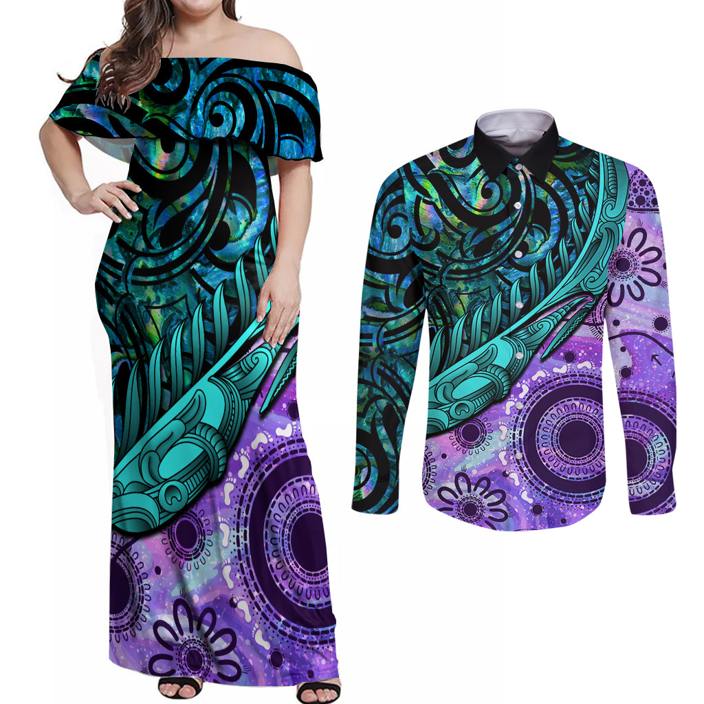 New Zealand Paua Shell With Australia Opal Unique Combine Couples Matching Off Shoulder Maxi Dress and Long Sleeve Button Shirt LT14 Green - Polynesian Pride