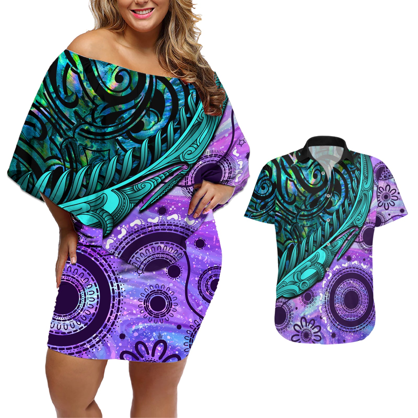 New Zealand Paua Shell With Australia Opal Unique Combine Couples Matching Off Shoulder Short Dress and Hawaiian Shirt LT14 Green - Polynesian Pride