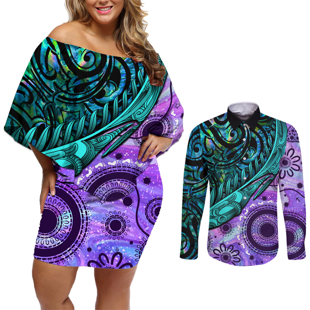 New Zealand Paua Shell With Australia Opal Unique Combine Couples Matching Off Shoulder Short Dress and Long Sleeve Button Shirt LT14 Green - Polynesian Pride