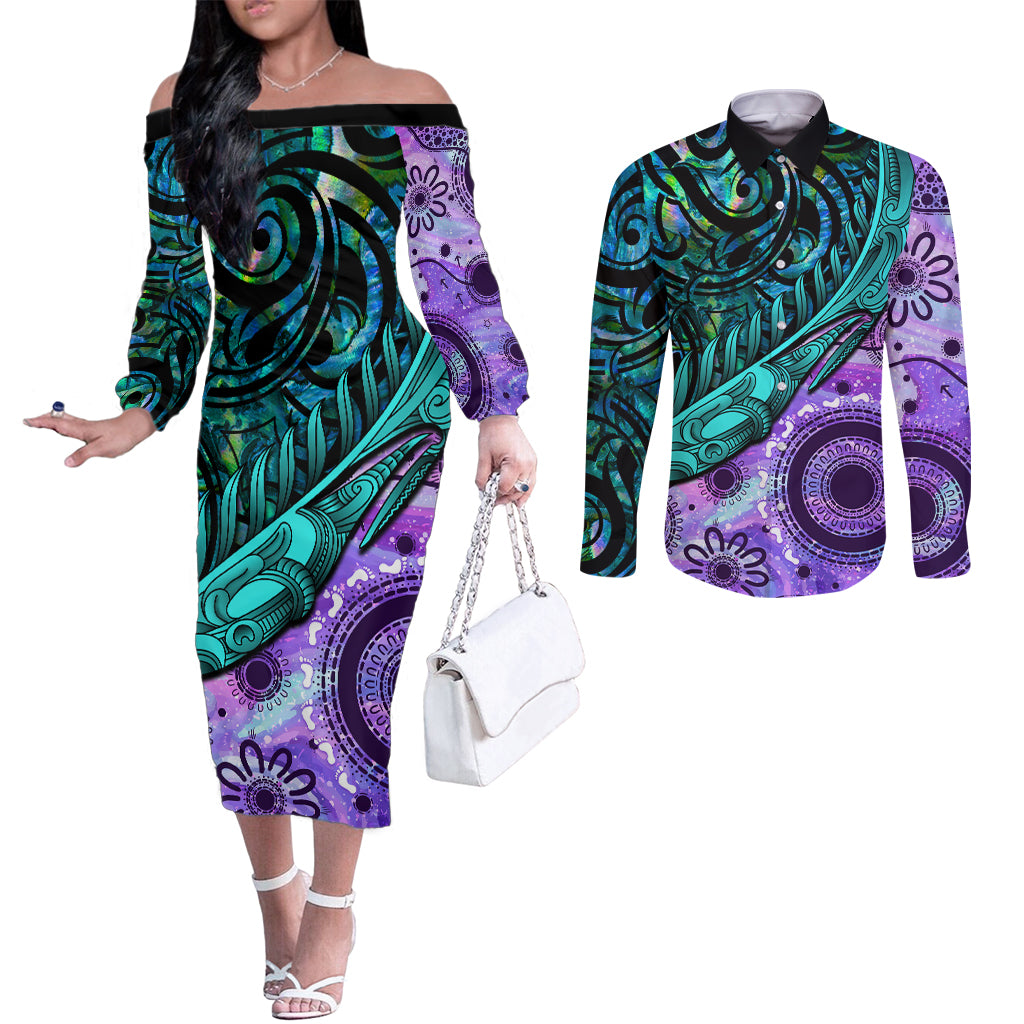 New Zealand Paua Shell With Australia Opal Unique Combine Couples Matching Off The Shoulder Long Sleeve Dress and Long Sleeve Button Shirt LT14 Green - Polynesian Pride