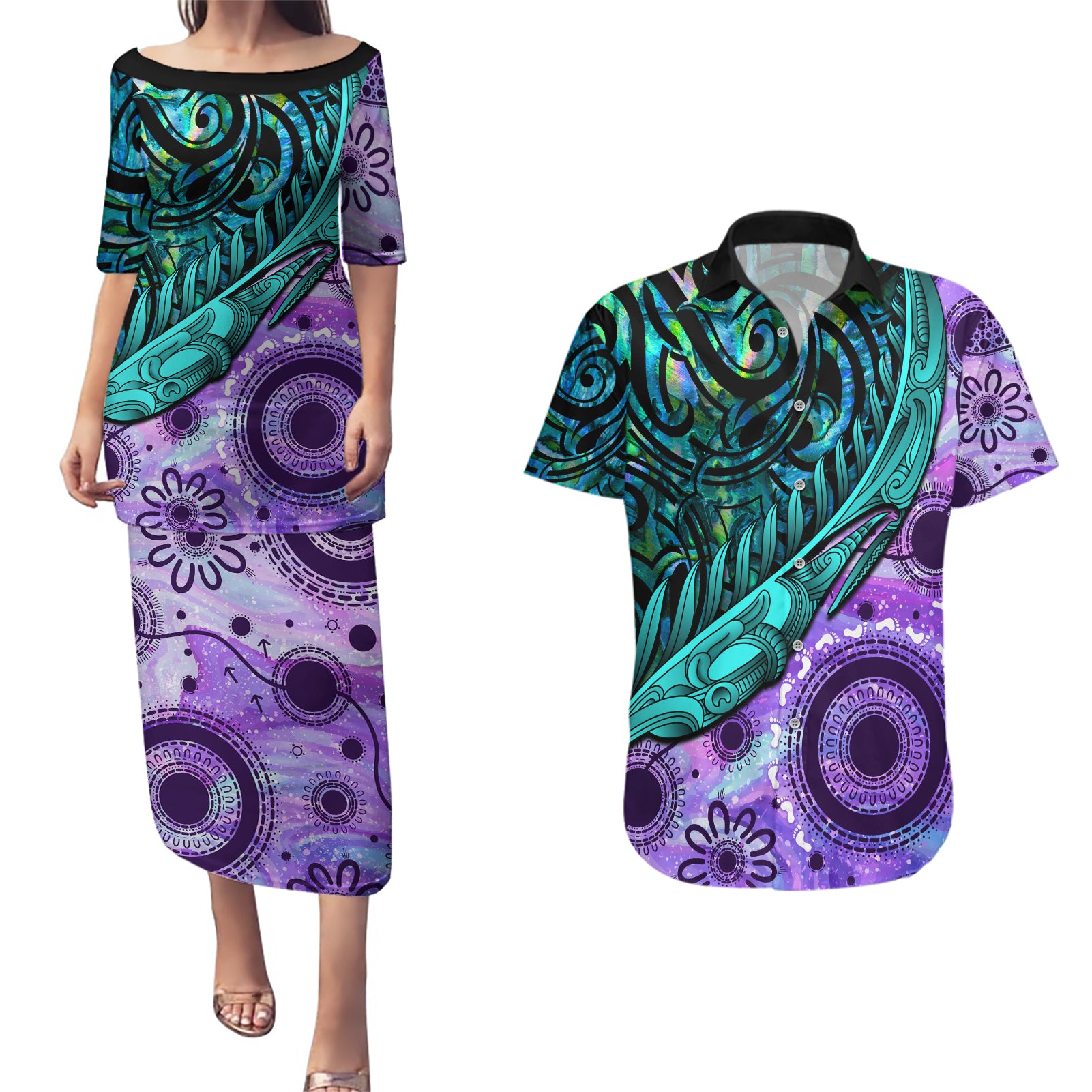 New Zealand Paua Shell With Australia Opal Unique Combine Couples Matching Puletasi Dress and Hawaiian Shirt LT14 Green - Polynesian Pride