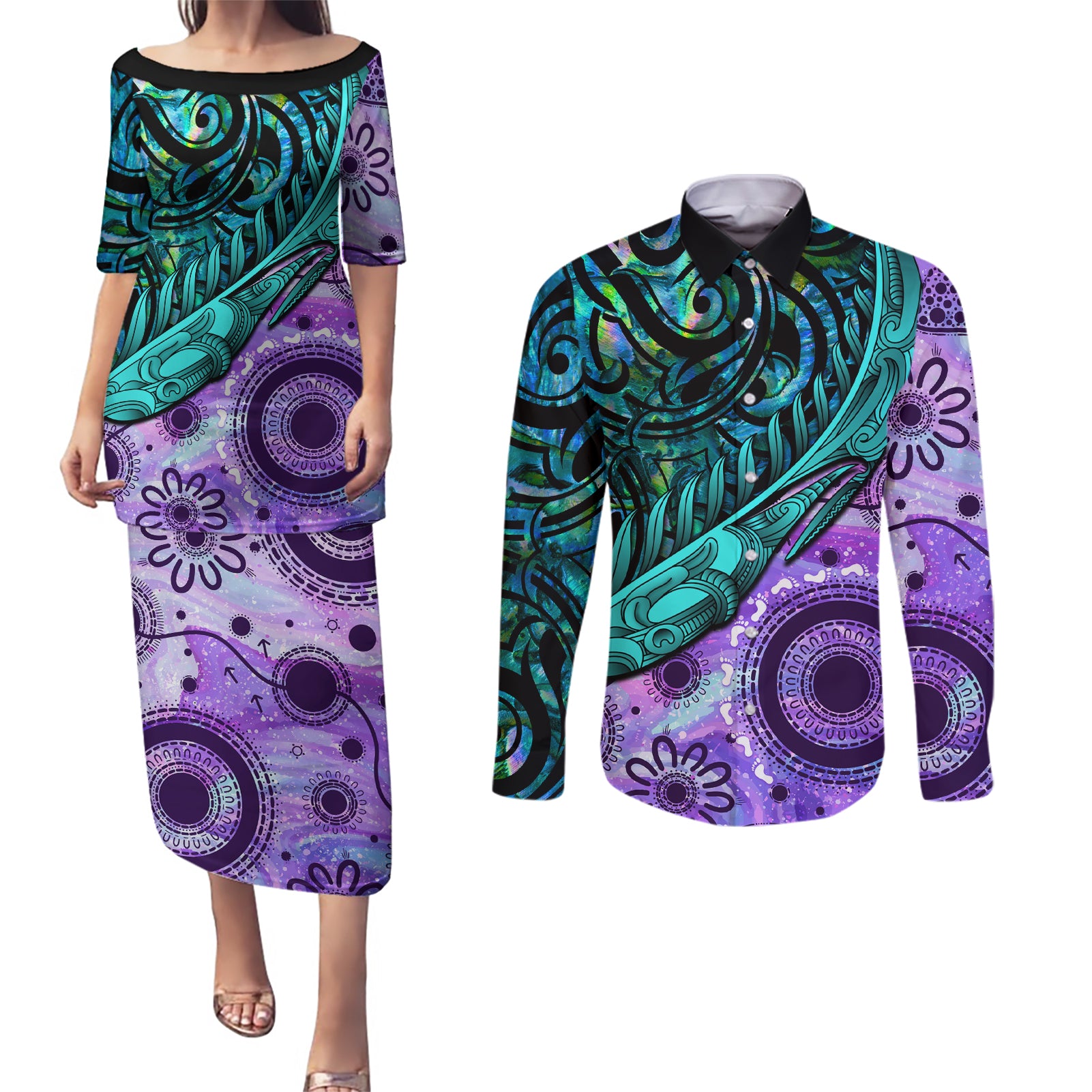 New Zealand Paua Shell With Australia Opal Unique Combine Couples Matching Puletasi Dress and Long Sleeve Button Shirt LT14 Green - Polynesian Pride