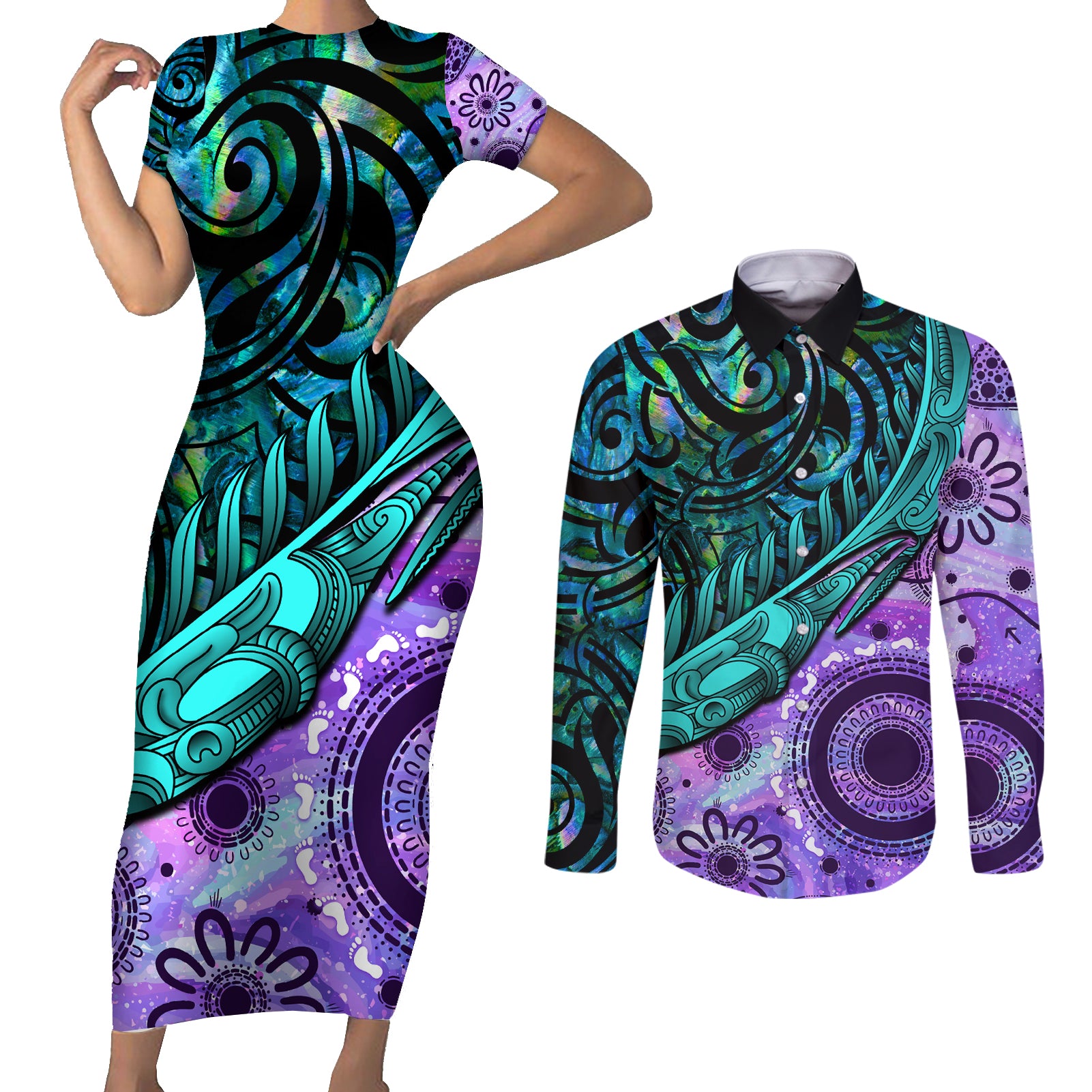 New Zealand Paua Shell With Australia Opal Unique Combine Couples Matching Short Sleeve Bodycon Dress and Long Sleeve Button Shirt LT14 Green - Polynesian Pride