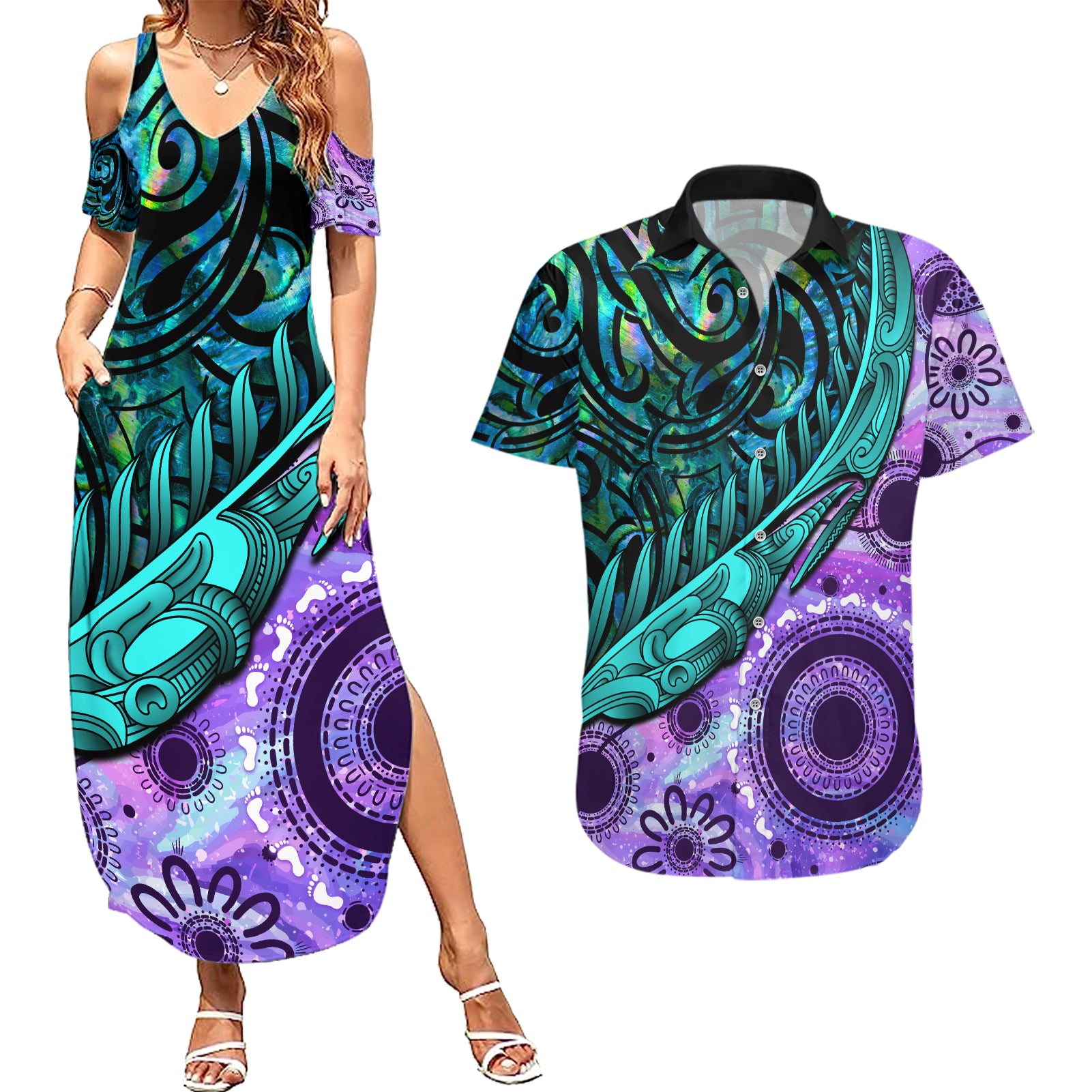 New Zealand Paua Shell With Australia Opal Unique Combine Couples Matching Summer Maxi Dress and Hawaiian Shirt LT14 Green - Polynesian Pride