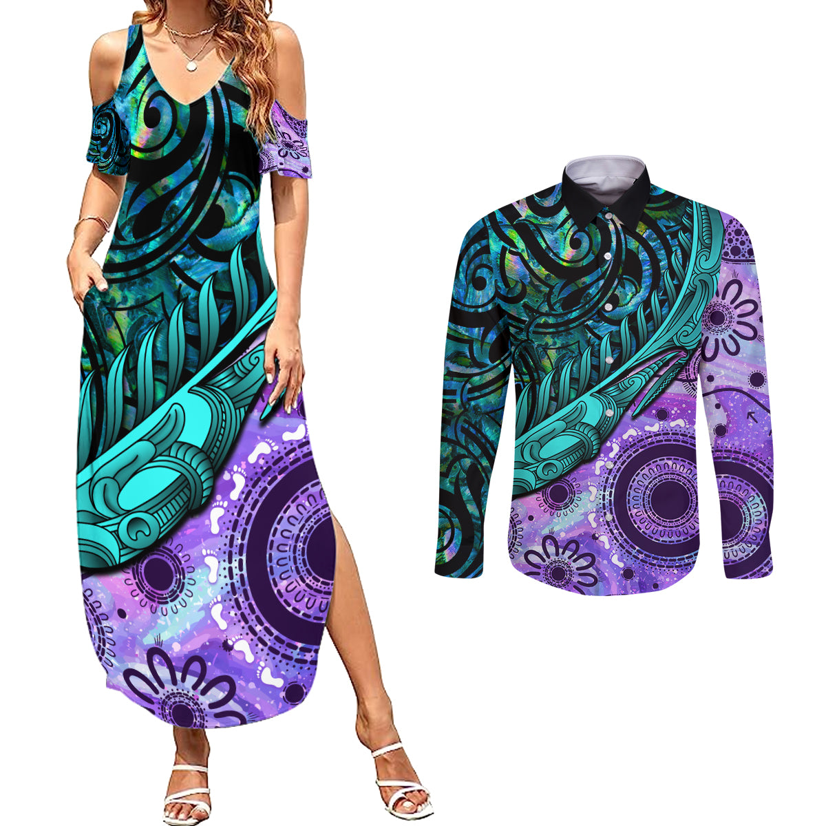 New Zealand Paua Shell With Australia Opal Unique Combine Couples Matching Summer Maxi Dress and Long Sleeve Button Shirt LT14 Green - Polynesian Pride