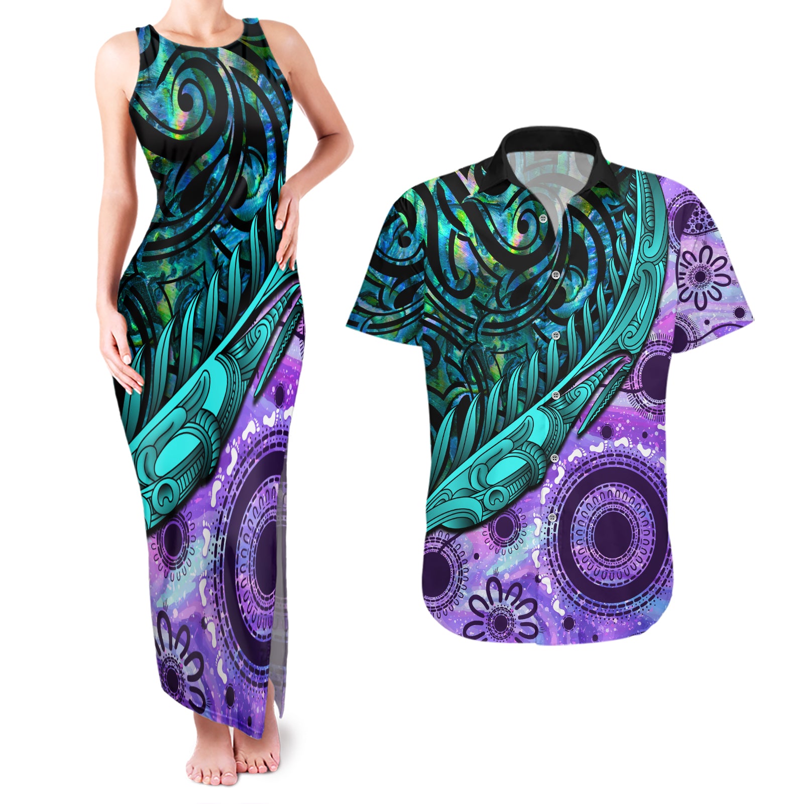 New Zealand Paua Shell With Australia Opal Unique Combine Couples Matching Tank Maxi Dress and Hawaiian Shirt LT14 Green - Polynesian Pride