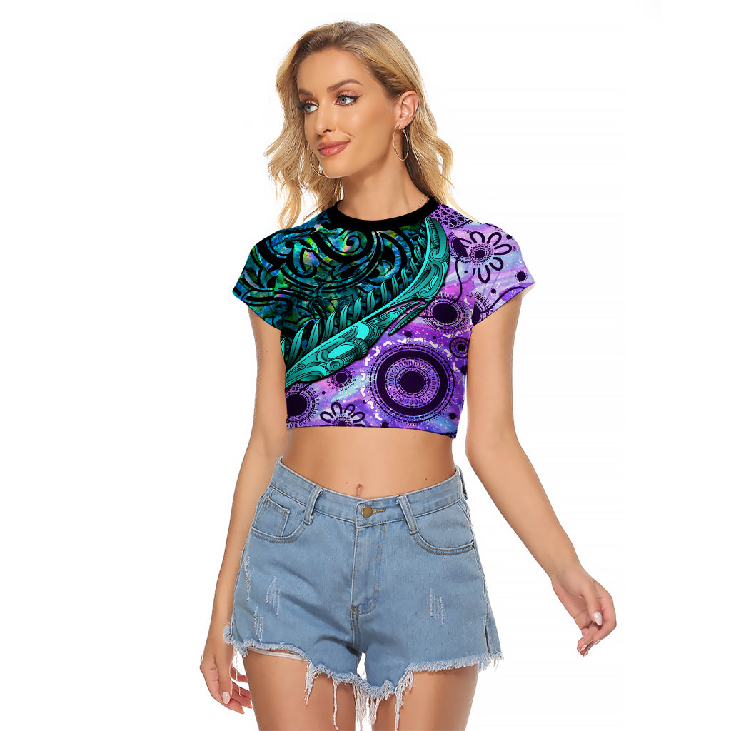 New Zealand Paua Shell With Australia Opal Unique Combine Raglan Cropped T Shirt LT14 Female Green - Polynesian Pride