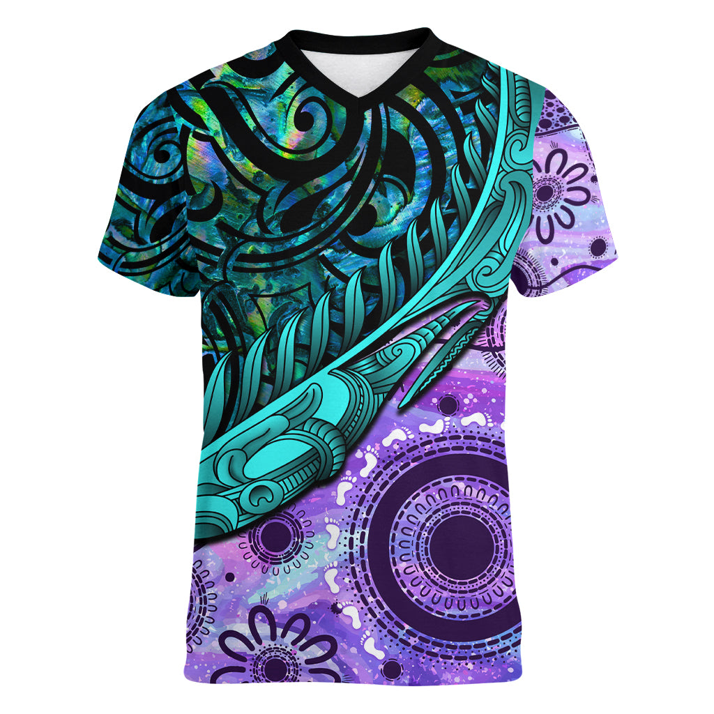 New Zealand Paua Shell With Australia Opal Unique Combine Women V Neck T Shirt LT14 Female Green - Polynesian Pride