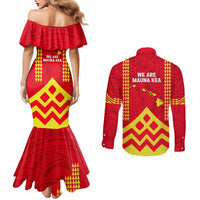 Hawaii Mauna Kea Couples Matching Mermaid Dress and Long Sleeve Button Shirt Hawaiian Kakau Tribal Pattern LT14 - Polynesian Pride