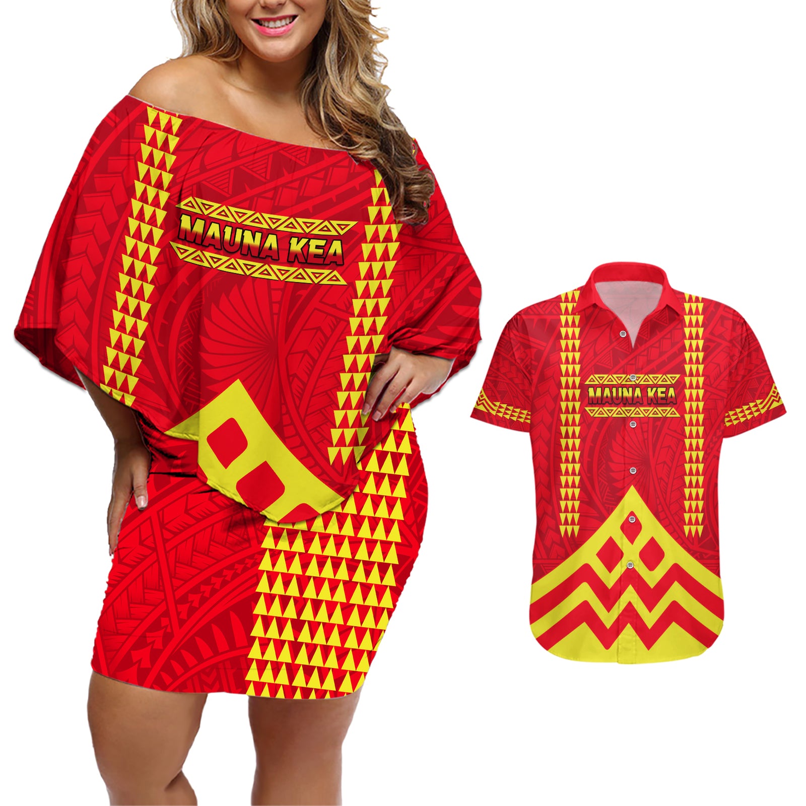 Hawaii Mauna Kea Couples Matching Off Shoulder Short Dress and Hawaiian Shirt Hawaiian Kakau Tribal Pattern LT14 Red - Polynesian Pride