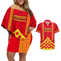 Hawaii Mauna Kea Couples Matching Off Shoulder Short Dress and Hawaiian Shirt Hawaiian Kakau Tribal Pattern LT14 Red - Polynesian Pride
