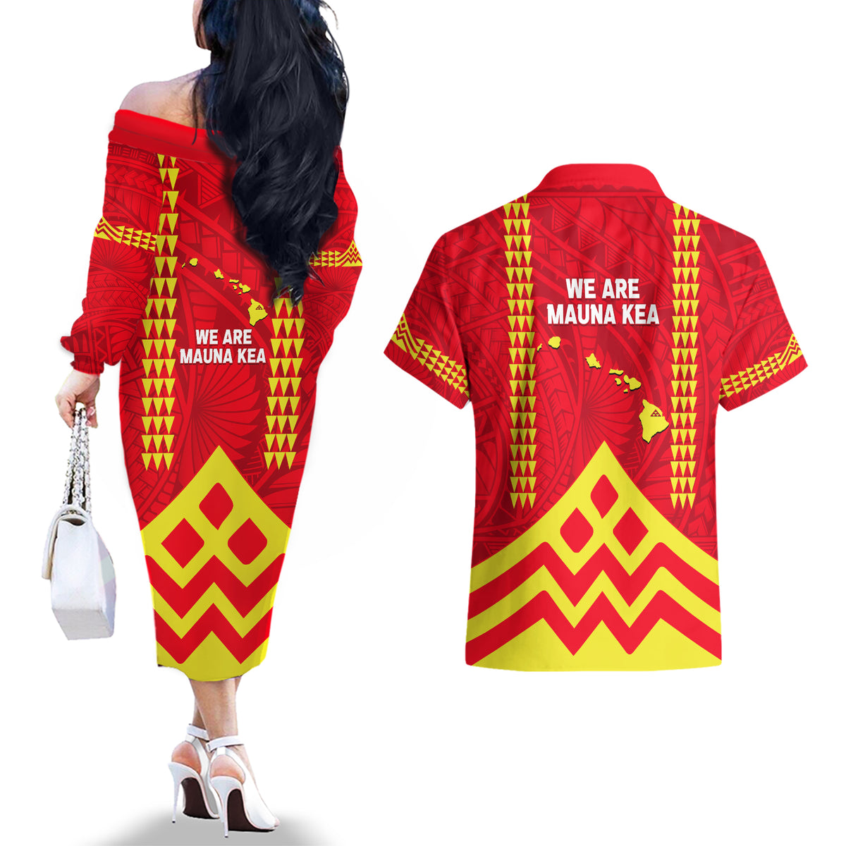 Hawaii Mauna Kea Couples Matching Off The Shoulder Long Sleeve Dress and Hawaiian Shirt Hawaiian Kakau Tribal Pattern LT14 - Polynesian Pride