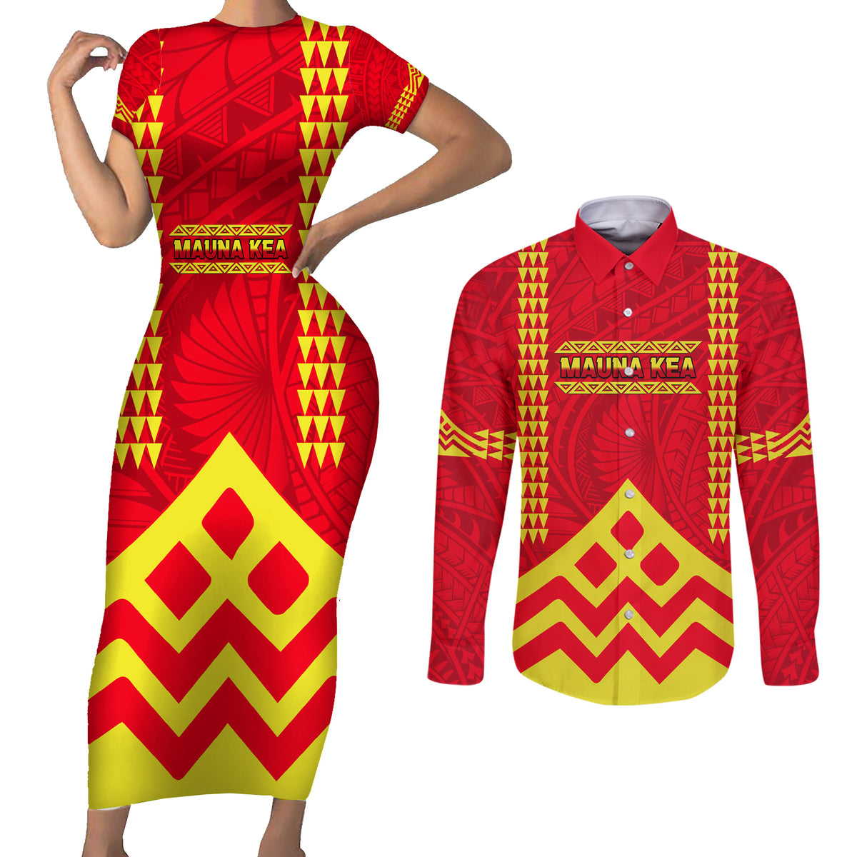 Hawaii Mauna Kea Couples Matching Short Sleeve Bodycon Dress and Long Sleeve Button Shirt Hawaiian Kakau Tribal Pattern LT14 Red - Polynesian Pride