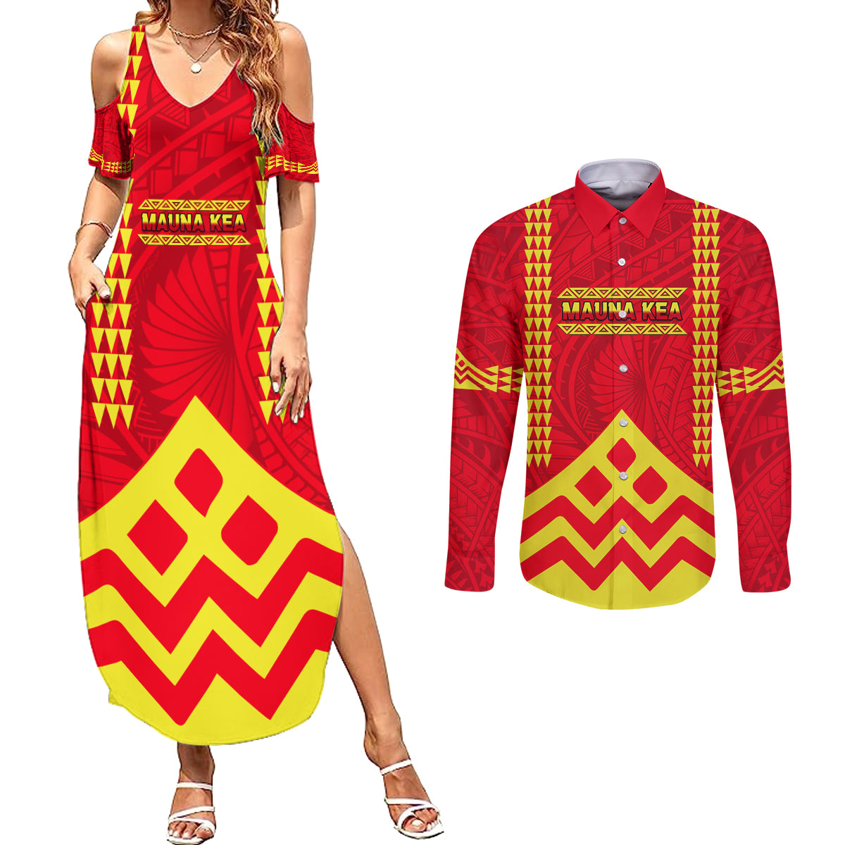Hawaii Mauna Kea Couples Matching Summer Maxi Dress and Long Sleeve Button Shirt Hawaiian Kakau Tribal Pattern LT14 Red - Polynesian Pride