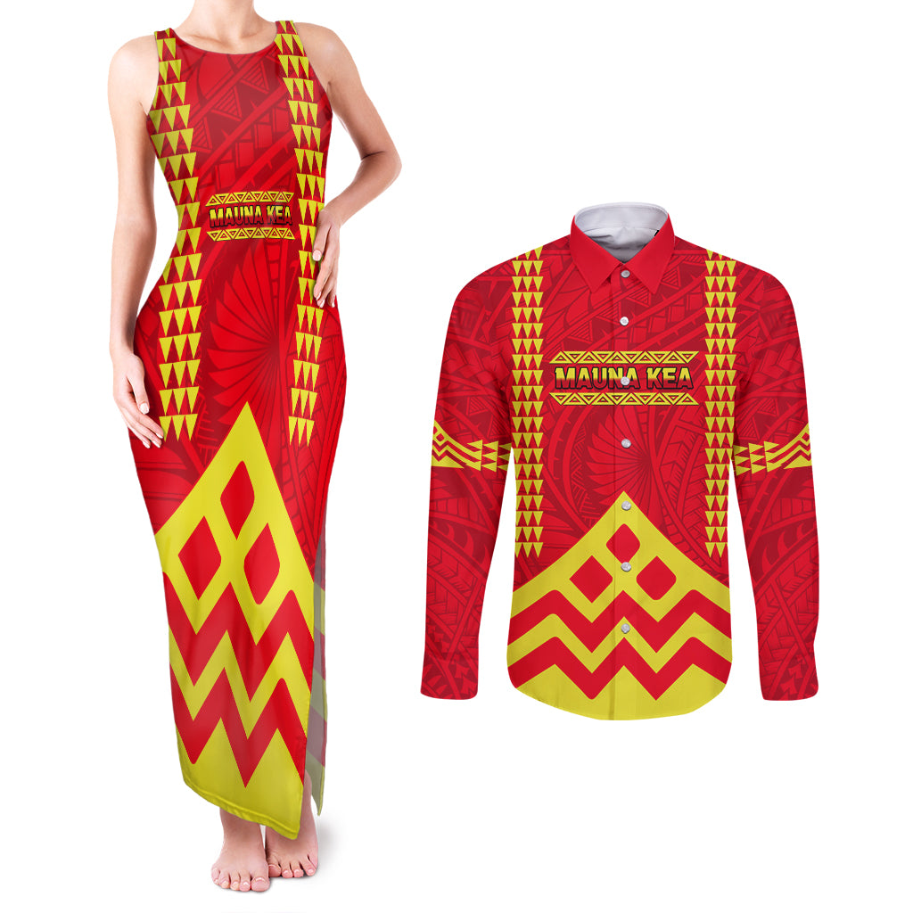 Hawaii Mauna Kea Couples Matching Tank Maxi Dress and Long Sleeve Button Shirt Hawaiian Kakau Tribal Pattern LT14 Red - Polynesian Pride
