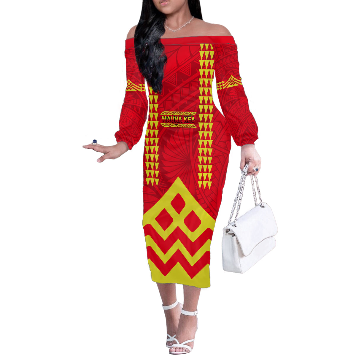Hawaii Mauna Kea Family Matching Off Shoulder Long Sleeve Dress and Hawaiian Shirt Hawaiian Kakau Tribal Pattern LT14 Mom's Dress Red - Polynesian Pride