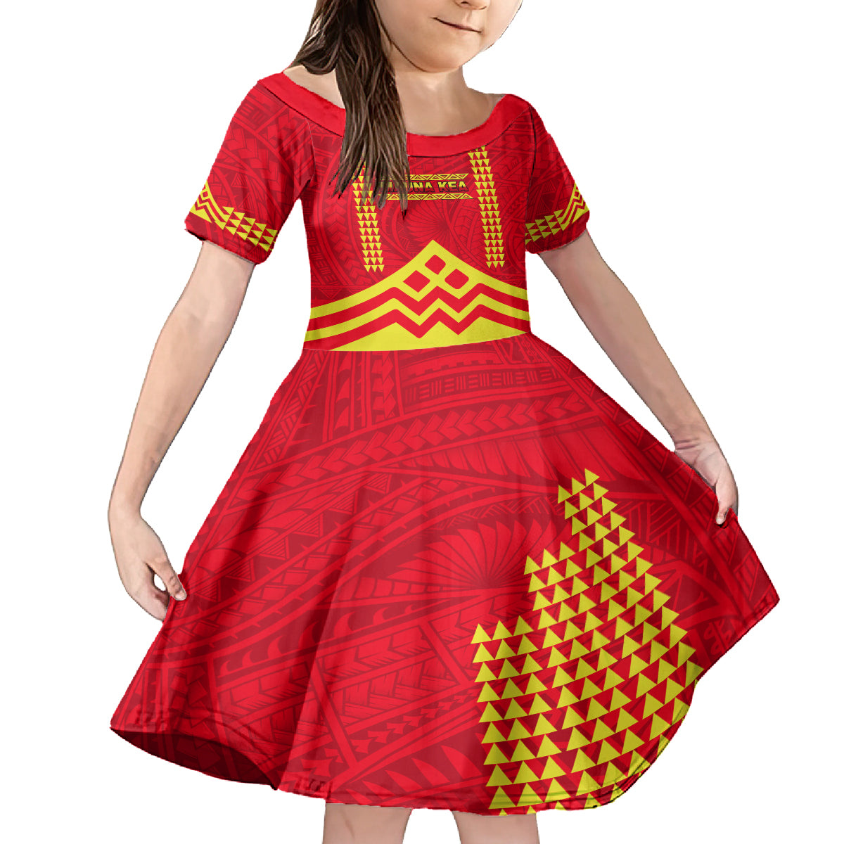 Hawaii Mauna Kea Kid Short Sleeve Dress Hawaiian Kakau Tribal Pattern LT14 KID Red - Polynesian Pride