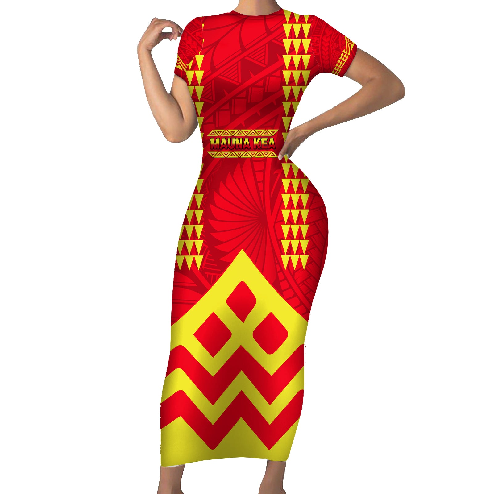 Hawaii Mauna Kea Short Sleeve Bodycon Dress Hawaiian Kakau Tribal Pattern LT14 Long Dress Red - Polynesian Pride