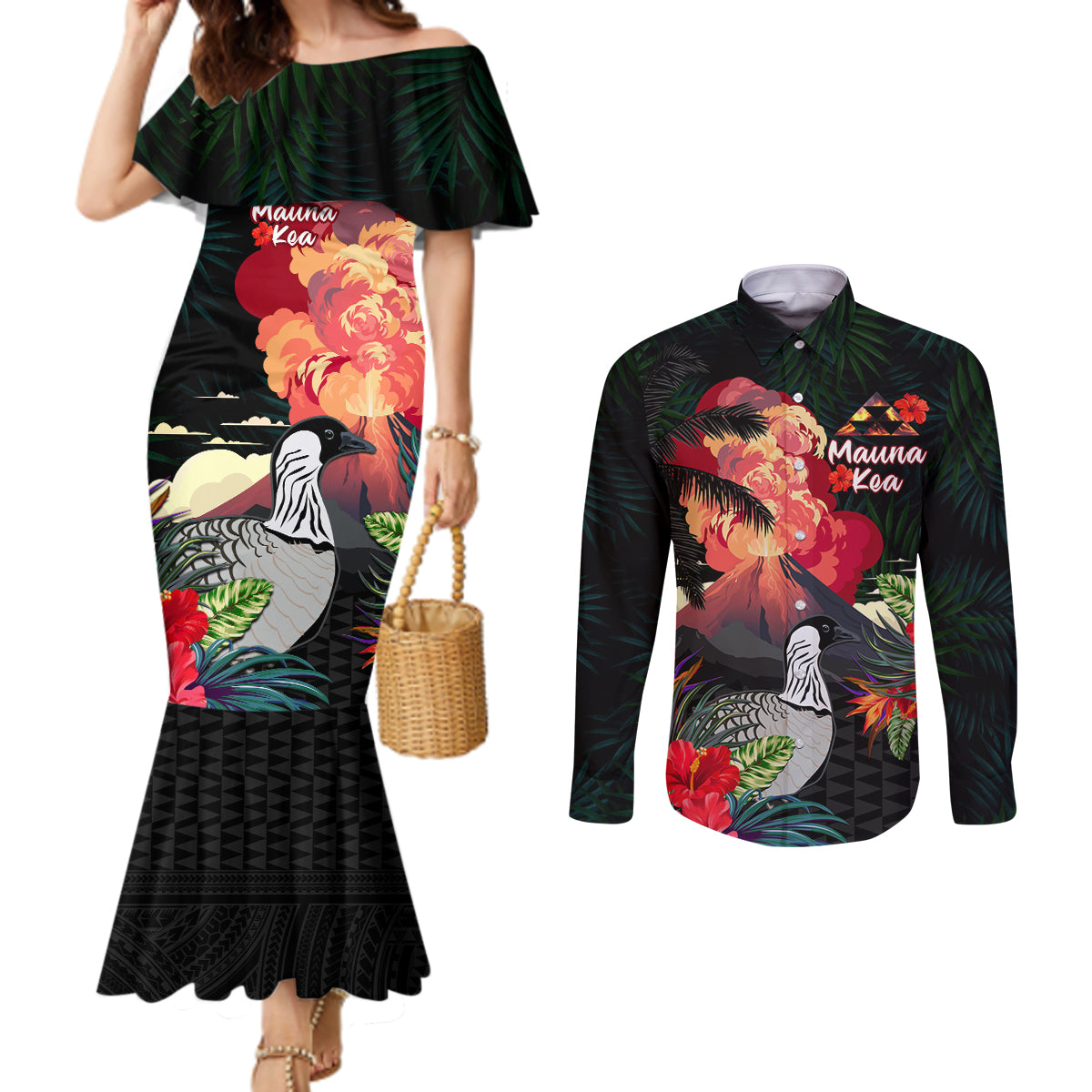 Hawaii Mauna Kea Couples Matching Mermaid Dress and Long Sleeve Button Shirt White Mountain With Nene Tropical Vibes LT14 Black - Polynesian Pride
