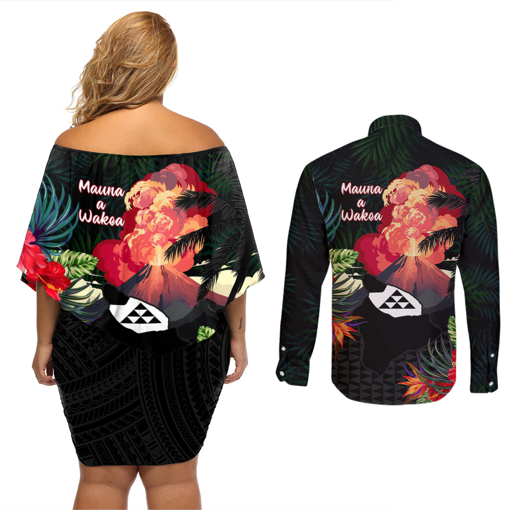 Hawaii Mauna Kea Couples Matching Off Shoulder Short Dress and Long Sleeve Button Shirt White Mountain With Nene Tropical Vibes LT14 - Polynesian Pride