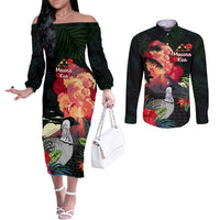 Hawaii Mauna Kea Couples Matching Off The Shoulder Long Sleeve Dress and Long Sleeve Button Shirt White Mountain With Nene Tropical Vibes LT14 Black - Polynesian Pride