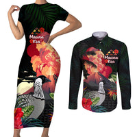 Hawaii Mauna Kea Couples Matching Short Sleeve Bodycon Dress and Long Sleeve Button Shirt White Mountain With Nene Tropical Vibes LT14 Black - Polynesian Pride