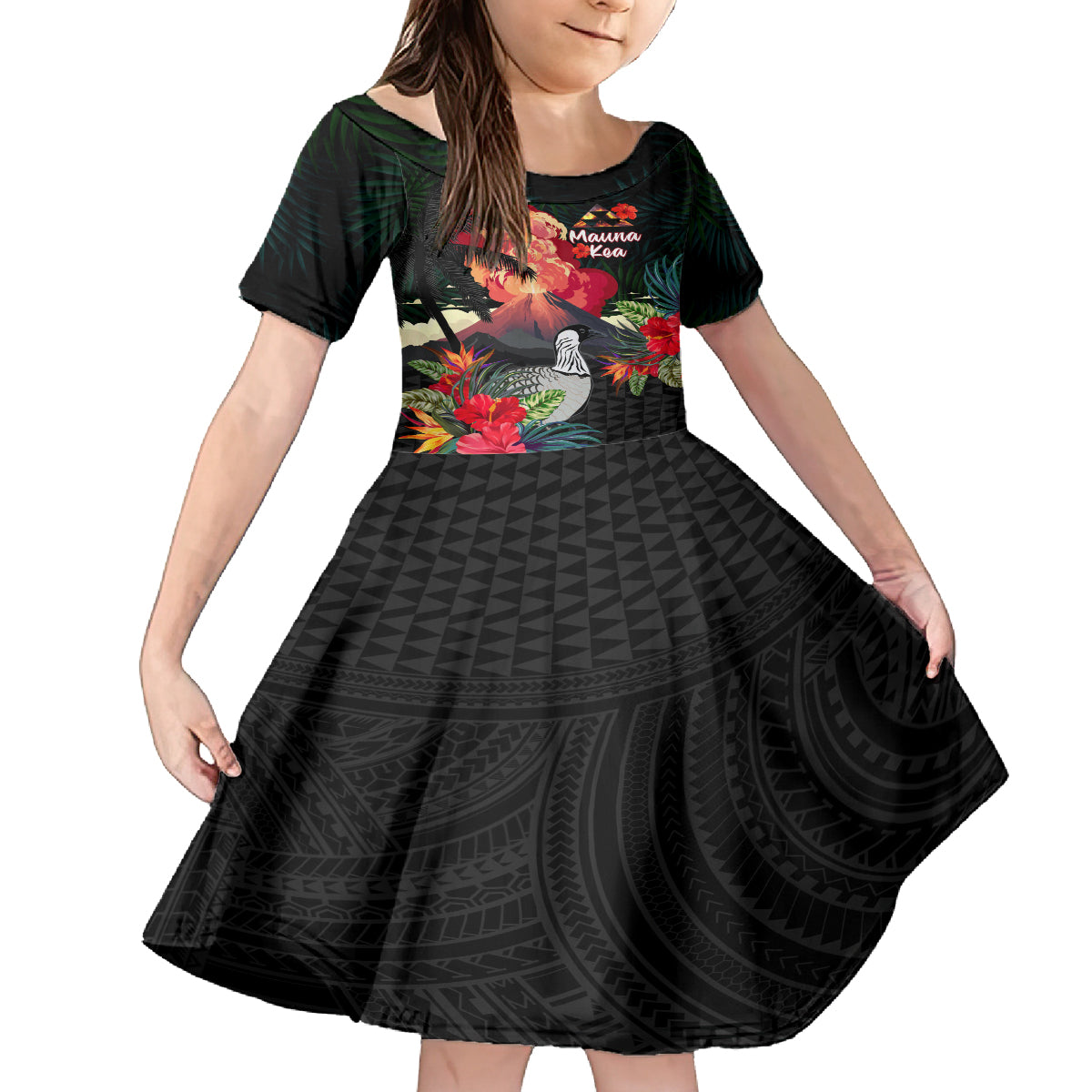 Hawaii Mauna Kea Kid Short Sleeve Dress White Mountain With Nene Tropical Vibes LT14 KID Black - Polynesian Pride