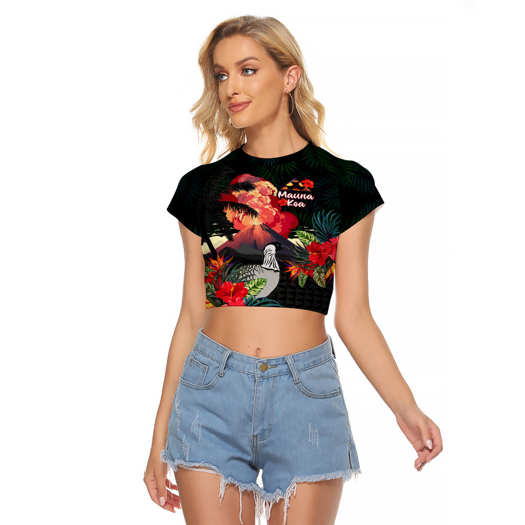 Hawaii Mauna Kea Raglan Cropped T Shirt White Mountain With Nene Tropical Vibes LT14 Female Black - Polynesian Pride