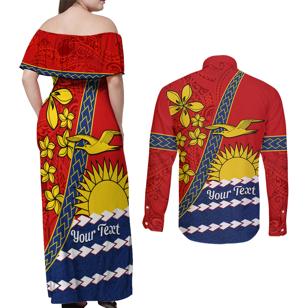 Personalised Mauri Kiribati Couples Matching Off Shoulder Maxi Dress and Long Sleeve Button Shirt Polynesian Ribaberiki Flag Style Mix Plumeria LT14 - Polynesian Pride