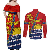 Personalised Mauri Kiribati Couples Matching Off Shoulder Maxi Dress and Long Sleeve Button Shirt Polynesian Ribaberiki Flag Style Mix Plumeria LT14 - Polynesian Pride