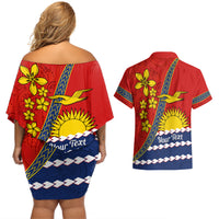 Personalised Mauri Kiribati Couples Matching Off Shoulder Short Dress and Hawaiian Shirt Polynesian Ribaberiki Flag Style Mix Plumeria LT14 - Polynesian Pride