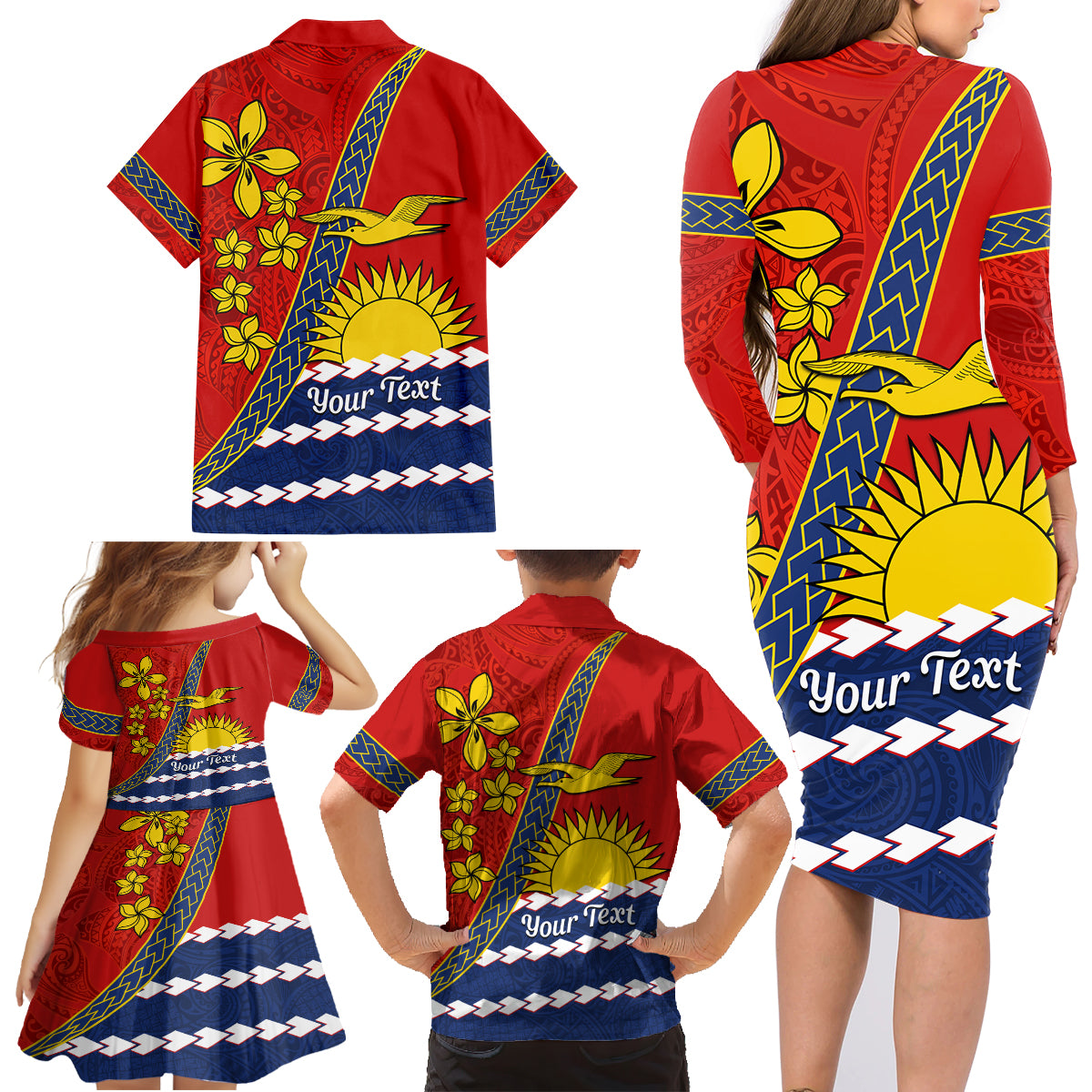 Personalised Mauri Kiribati Family Matching Long Sleeve Bodycon Dress and Hawaiian Shirt Polynesian Ribaberiki Flag Style Mix Plumeria LT14 - Polynesian Pride