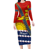 Personalised Mauri Kiribati Family Matching Long Sleeve Bodycon Dress and Hawaiian Shirt Polynesian Ribaberiki Flag Style Mix Plumeria LT14 Mom's Dress Red - Polynesian Pride