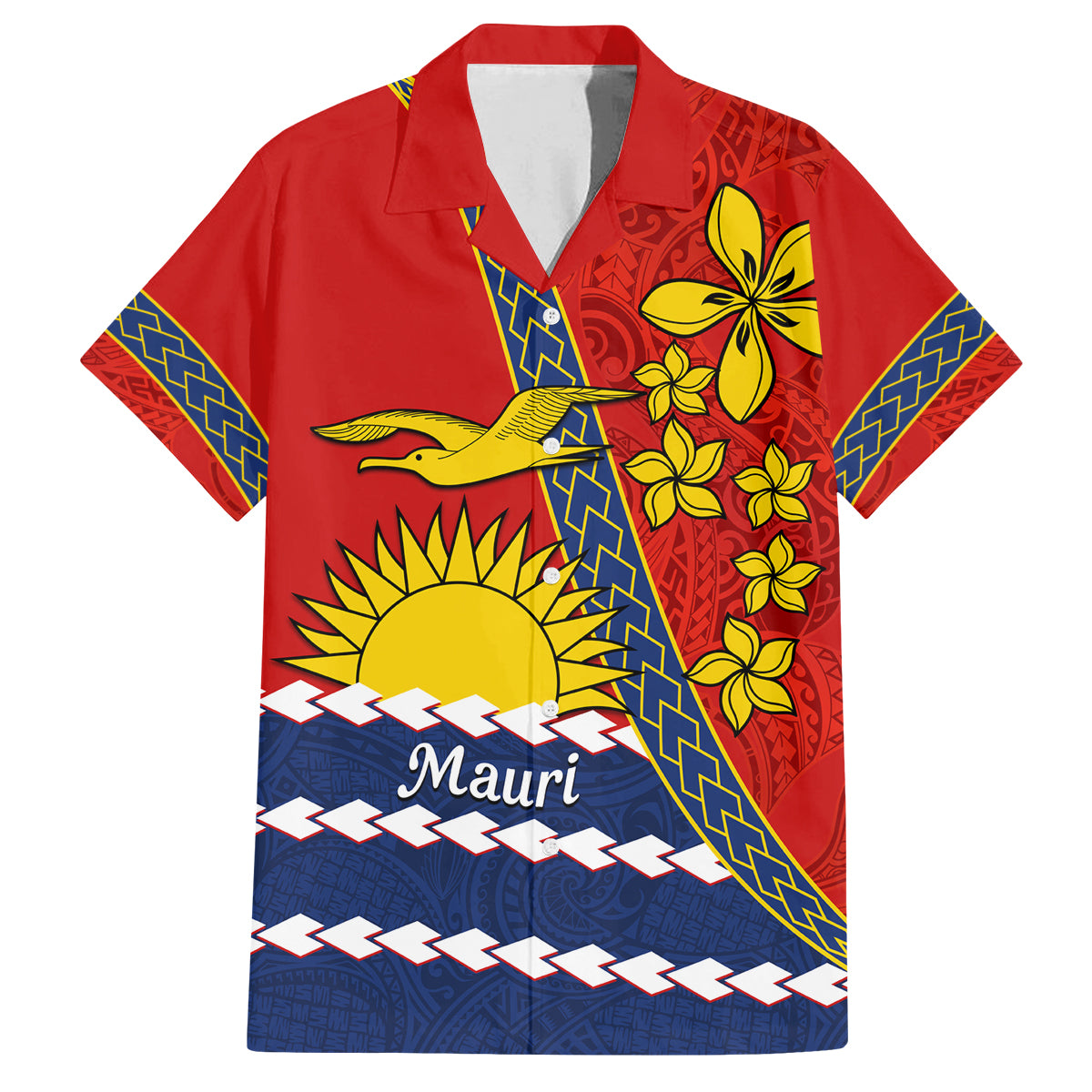 Personalised Mauri Kiribati Family Matching Off Shoulder Maxi Dress and Hawaiian Shirt Polynesian Ribaberiki Flag Style Mix Plumeria LT14 Dad's Shirt - Short Sleeve Red - Polynesian Pride
