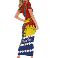 Personalised Mauri Kiribati Short Sleeve Bodycon Dress Polynesian Ribaberiki Flag Style Mix Plumeria LT14 - Polynesian Pride