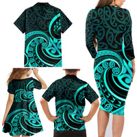 Turquoise New Zealand Mangopare Family Matching Long Sleeve Bodycon Dress and Hawaiian Shirt Aotearoa Maori Koru Style LT14 - Polynesian Pride