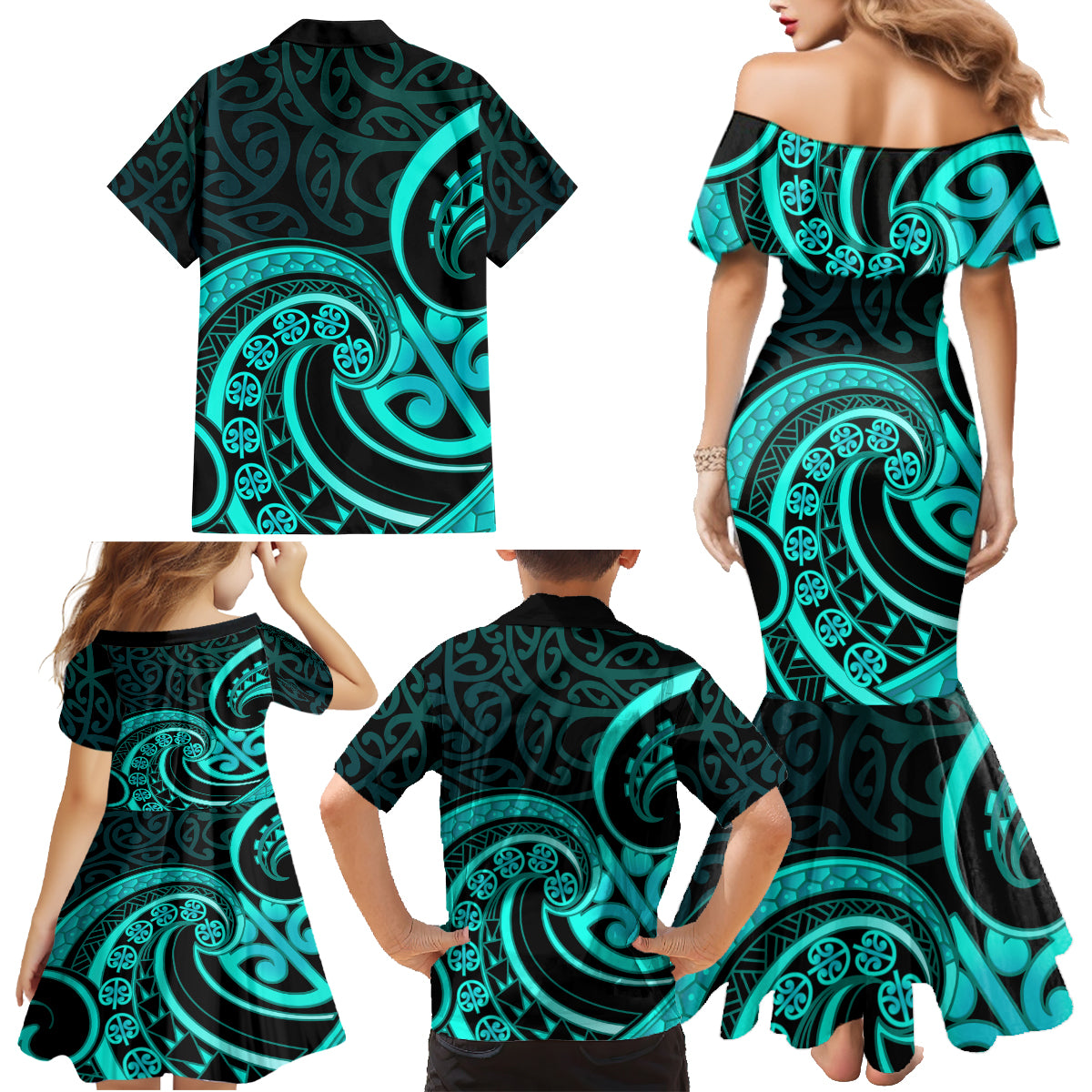 Turquoise New Zealand Mangopare Family Matching Mermaid Dress and Hawaiian Shirt Aotearoa Maori Koru Style LT14 - Polynesian Pride