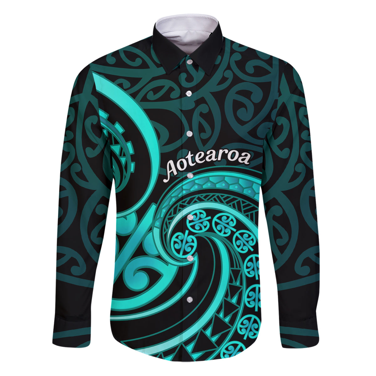 Turquoise New Zealand Mangopare Family Matching Puletasi and Hawaiian Shirt Aotearoa Maori Koru Style LT14 Dad's Shirt - Long Sleeve Turquoise - Polynesian Pride