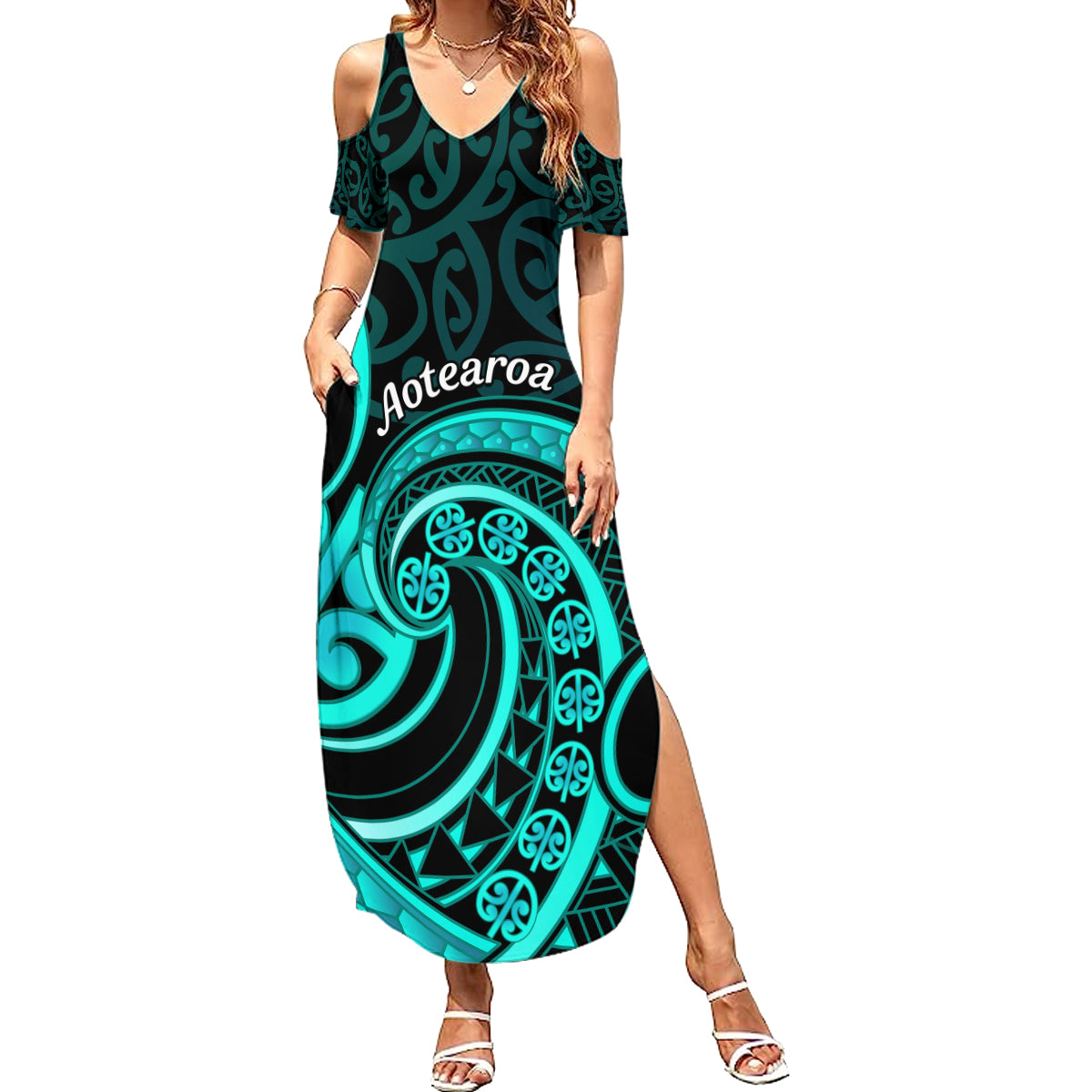 Turquoise New Zealand Mangopare Family Matching Summer Maxi Dress and Hawaiian Shirt Aotearoa Maori Koru Style LT14 Mom's Dress Turquoise - Polynesian Pride