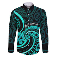 Turquoise New Zealand Mangopare Family Matching Tank Maxi Dress and Hawaiian Shirt Aotearoa Maori Koru Style LT14 Dad's Shirt - Long Sleeve Turquoise - Polynesian Pride
