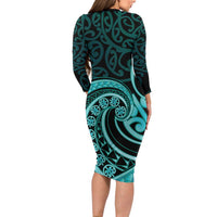 Turquoise New Zealand Mangopare Long Sleeve Bodycon Dress Aotearoa Maori Koru Style LT14