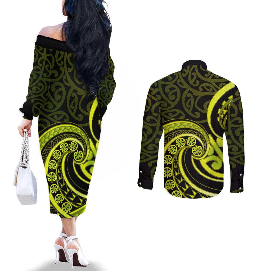 Lime Green New Zealand Mangopare Couples Matching Off The Shoulder Long Sleeve Dress and Long Sleeve Button Shirt Aotearoa Maori Koru Style LT14 - Polynesian Pride