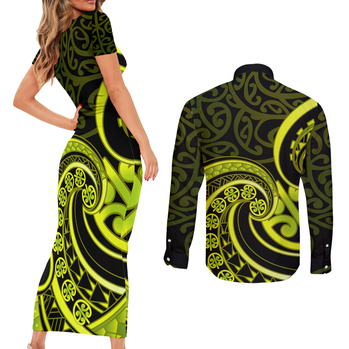 Lime Green New Zealand Mangopare Couples Matching Short Sleeve Bodycon Dress and Long Sleeve Button Shirt Aotearoa Maori Koru Style LT14 - Polynesian Pride
