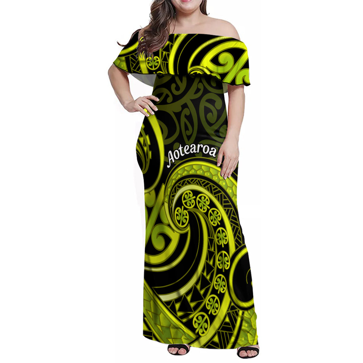 Lime Green New Zealand Mangopare Family Matching Off Shoulder Maxi Dress and Hawaiian Shirt Aotearoa Maori Koru Style LT14 Mom's Dress Lime Green - Polynesian Pride